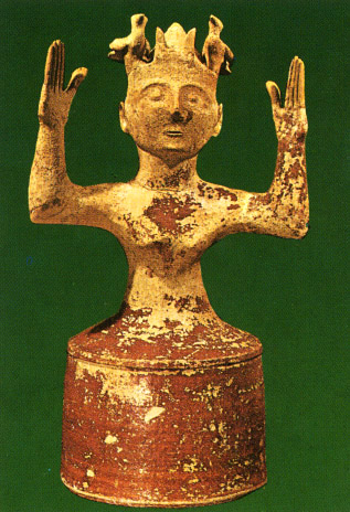 ceramic figure of goddess with upraised hands
