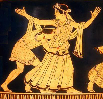 man grabbing woman around waist; her arms upraised in distress