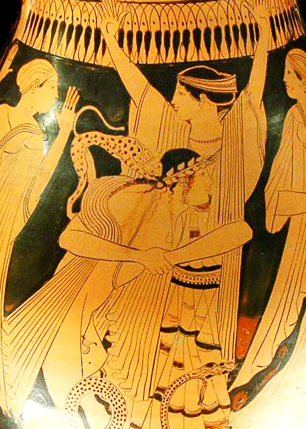 Thetis raises her arms as Peleus grabs her body