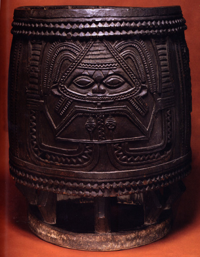drum carved in fine relief with image of mermaid-like goddess