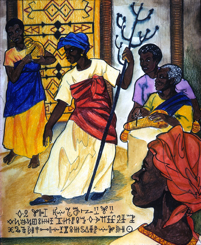 African woman shaman dancing with her ritual staff