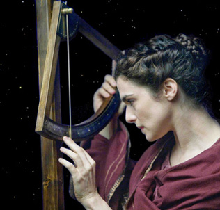 Hypatia looks at the heavens through an astrolabe