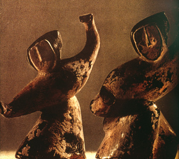 dancing women in masks, clay