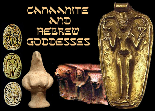 golden plaque with Ashtart; lion-flanked goddess in clay; a pillar figurine; three goddess scarabs