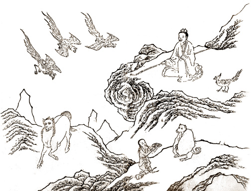 xiwangmu sitting on mountainside with birds bringing berries