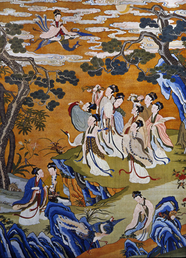 jade maidens gather in a wilderness garden  as the goddess flies in on a phoenix