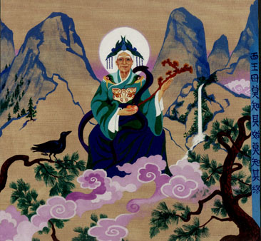 the goddess seated on a wild mountain, holding the ling zhi and a peach, with the three-legged raven