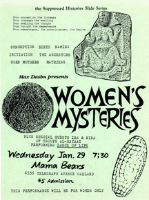 Women's Mysteries flyer, Mama Bears bookstore, ca 1985