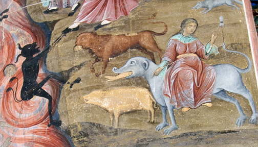 woman spinning while seated on strange animal with human arm reaching out of its mouth. devils are throwing people into hell at left.