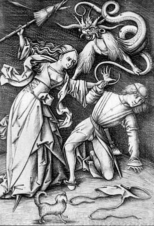 woman beating man with distaff
