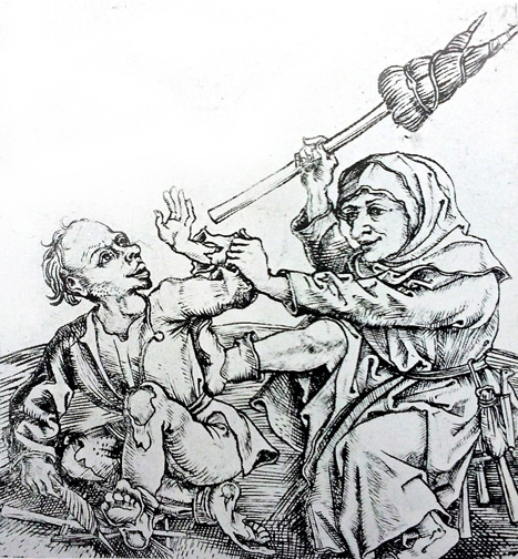 woman beating man with distaff