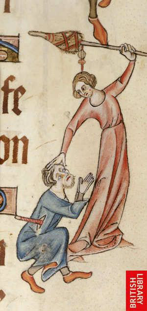 woman beating man with a distaff