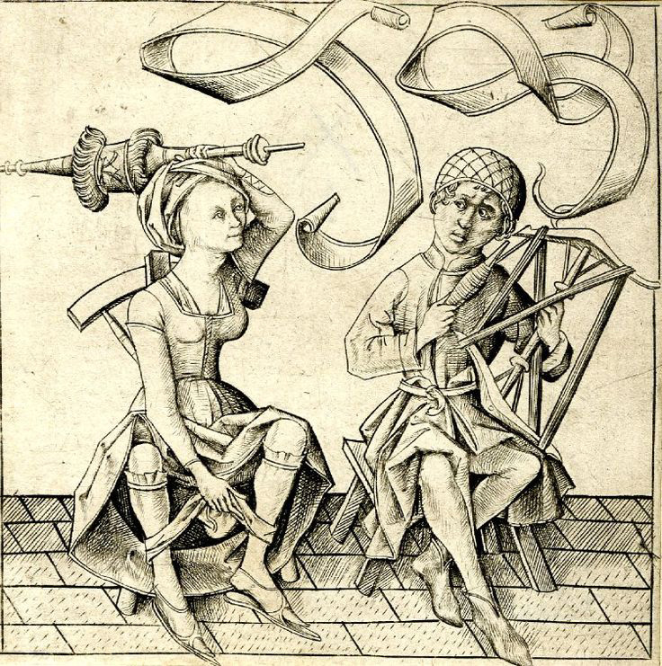 woman beating man with fancy distaff