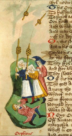 women attacing man with distaffs, medieval miniature