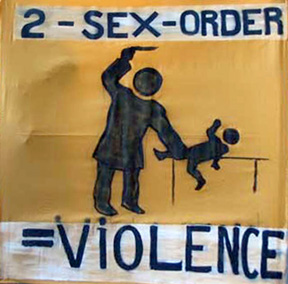 cloth banner painted with doctor wielding knife over baby on operating table
