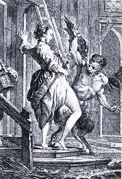 smiling woman lifts her skirts to a dismayed devil